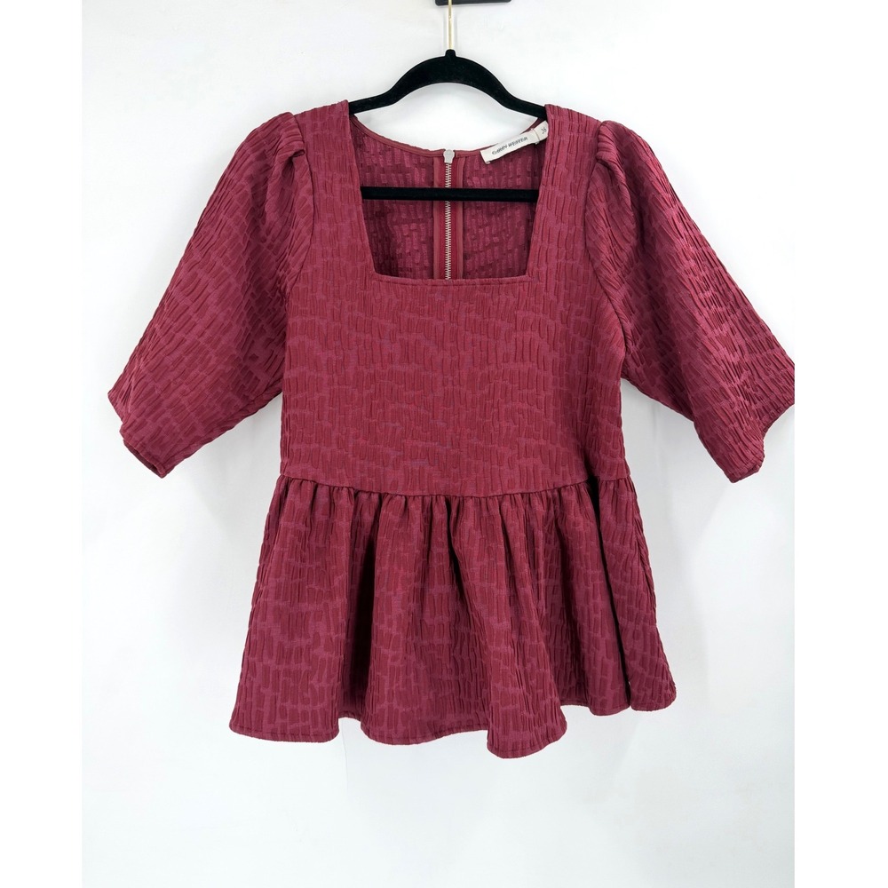 Carin Wester Beata Peplum Top Womens 36 Plum Textured Puff Sleeve Scandi‎ Chic